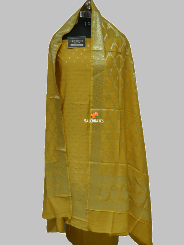 INDIAN MAIZE COLOUR BANARASI BUTTER SILK SUIT WITH HEAVY ZARI DUPATTA