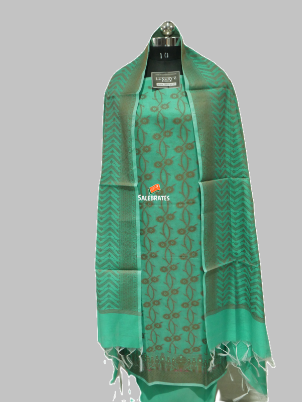 STAMP PAD GREEN COLOUR BANARASI COTTON SILK SUIT WITH HEAVY DUPATTA