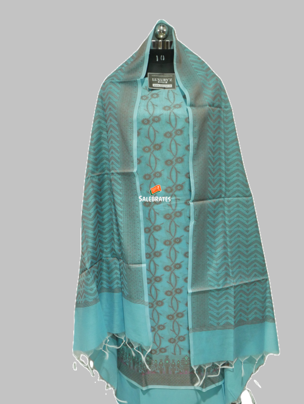 STEEL BLUE COLOUR BANARASI COTTON SILK SUIT WITH HEAVY DUPATTA